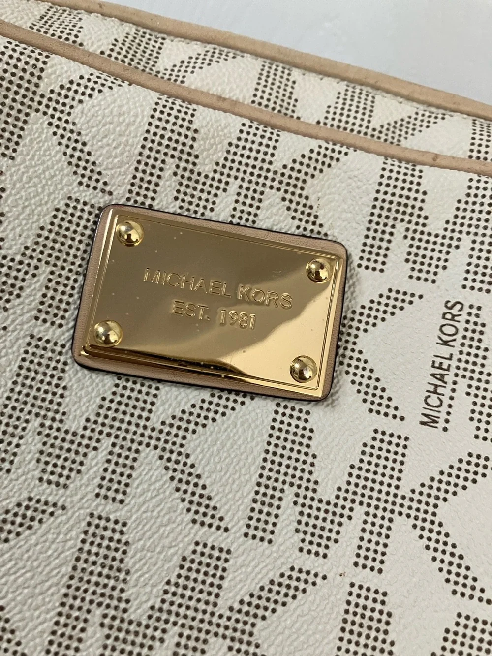 Michael Kors Beige Logo MK Signature Crossbody with Gold Chain
